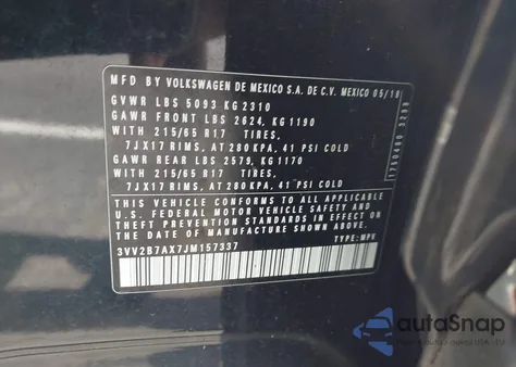 2018 Volkswagen Tiguan 2.0T Se/2.0T Sel z USA, uszkodzony, nr VIN 3VV2B7AX7JM157337